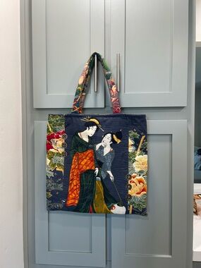 Quilted Floral Geisha Tote Bag in Navy and Multicolor